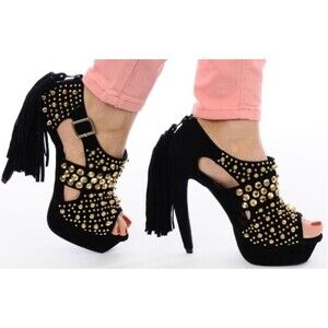 Jeffrey Campbell Ponytail Black Leather Gold Studded Heels Size 7.5 EUC